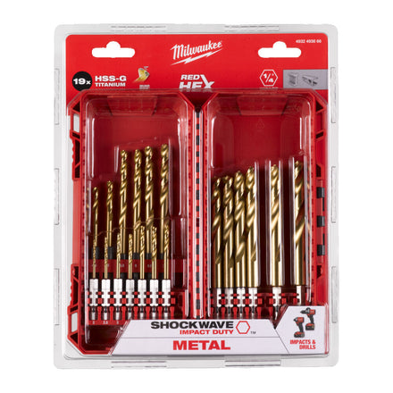 Milwaukee 19 Piece HSS-G SHOCKWAVE RED HEX Titanium Metal Drill Bit Set inc. Case - 4932493866