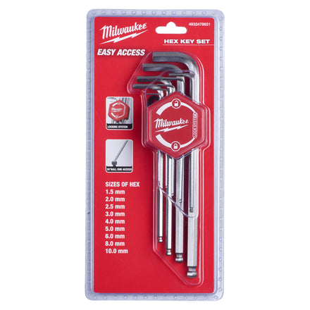 Milwaukee 9 Piece Metric L-Form Hex-Key Set Inc. Storage Clip - 4932478621