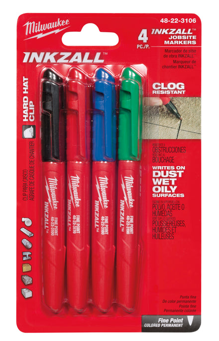 Milwaukee INKZALL Marker Pen Fine Tip 4 Pack Green, Blue, Red & Black - 48223106