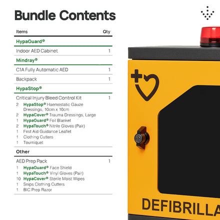 Mindray C1A Automatic External Defibrillator Bundle with HypaStop Bleed Control Kit & HypaGuard Indoor Cabinet