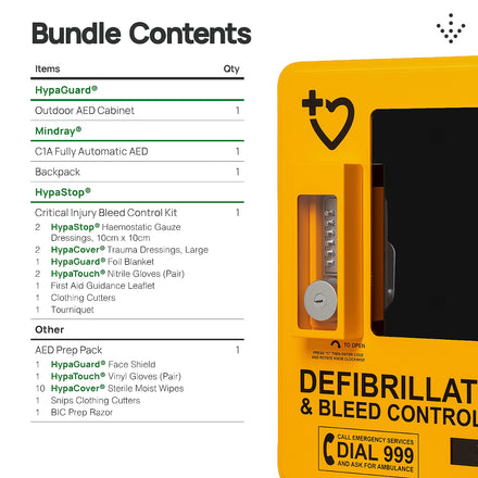 Mindray C1A Automatic External Defibrillator Bundle with with HypaStop Bleed Control Kit & HypaGuard Outdoor Cabinet