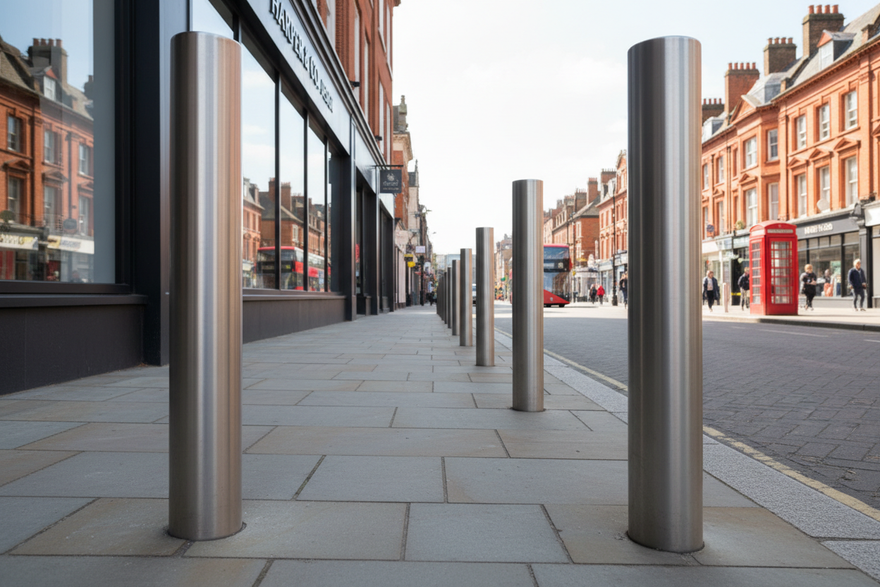 plain stainless steel anti ram bollards outside a UK storefront