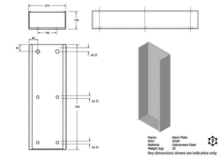 Channel Mount Steel Dock Bumper Mounting Bracket - 760 x 270 x 130 - Galvanised