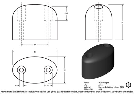 Black Rubber Oval Tail Gate HGV Bumper - 65 x 39 x 52mm