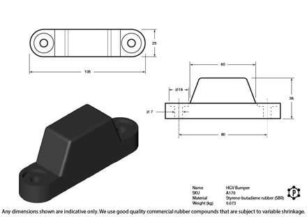 Black Rubber General Purpose HGV Bumper - 105 x 25 x 38