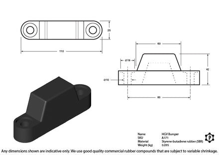 Black Rubber General Purpose HGV Bumper - 110 x 25 x 42