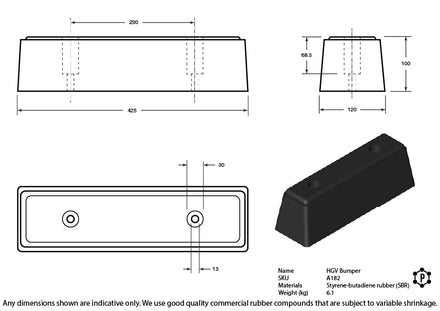 Rubber HGV Vehicle Mounted Dock Bumpers - 425 x 120 x 100mm
