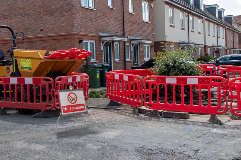 Quazar Classic No Smoking Roll Up Sign Near Gas Pipe Maintenance Works