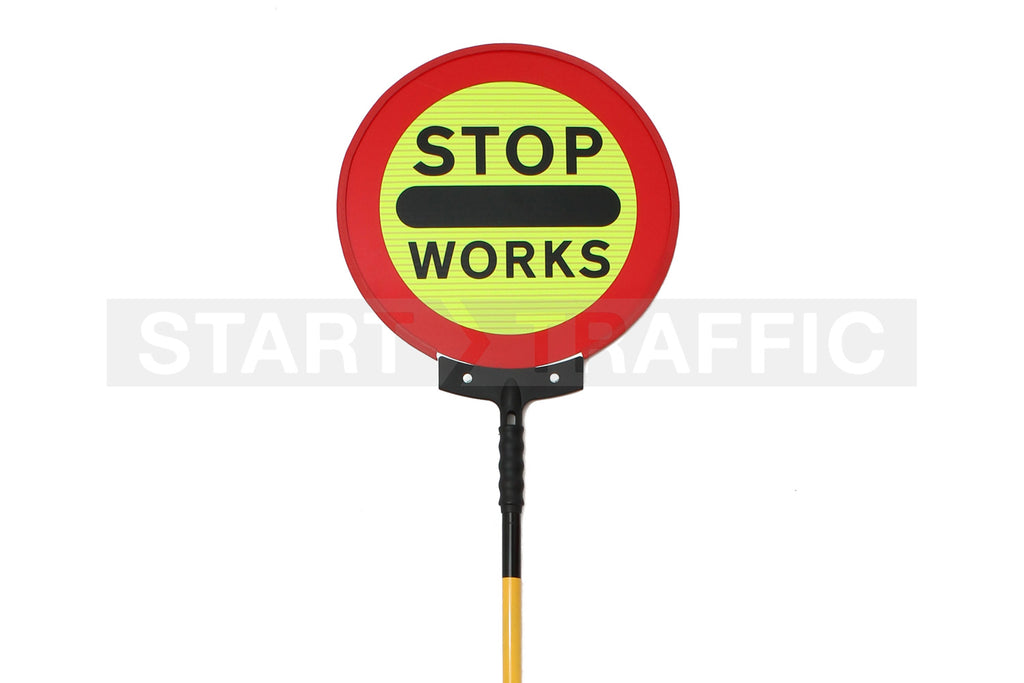 Stop Works Sign | Double Sided Stop Works Lollipop Sign 450mm - Collapsible