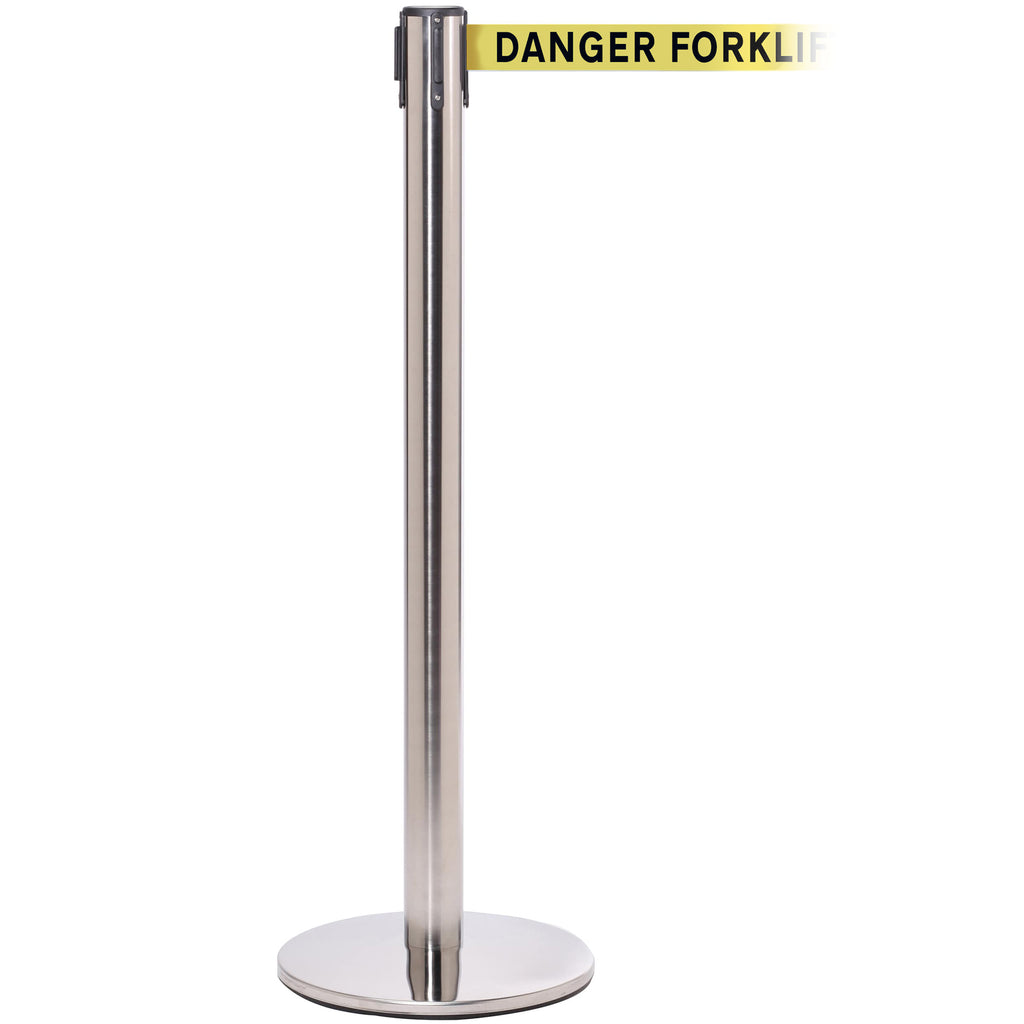 QueuePro 251 3.4m x 50mm Belt Barrier System (Polished Stainless / Danger Fork Lift Trucks | Yel-Blk)