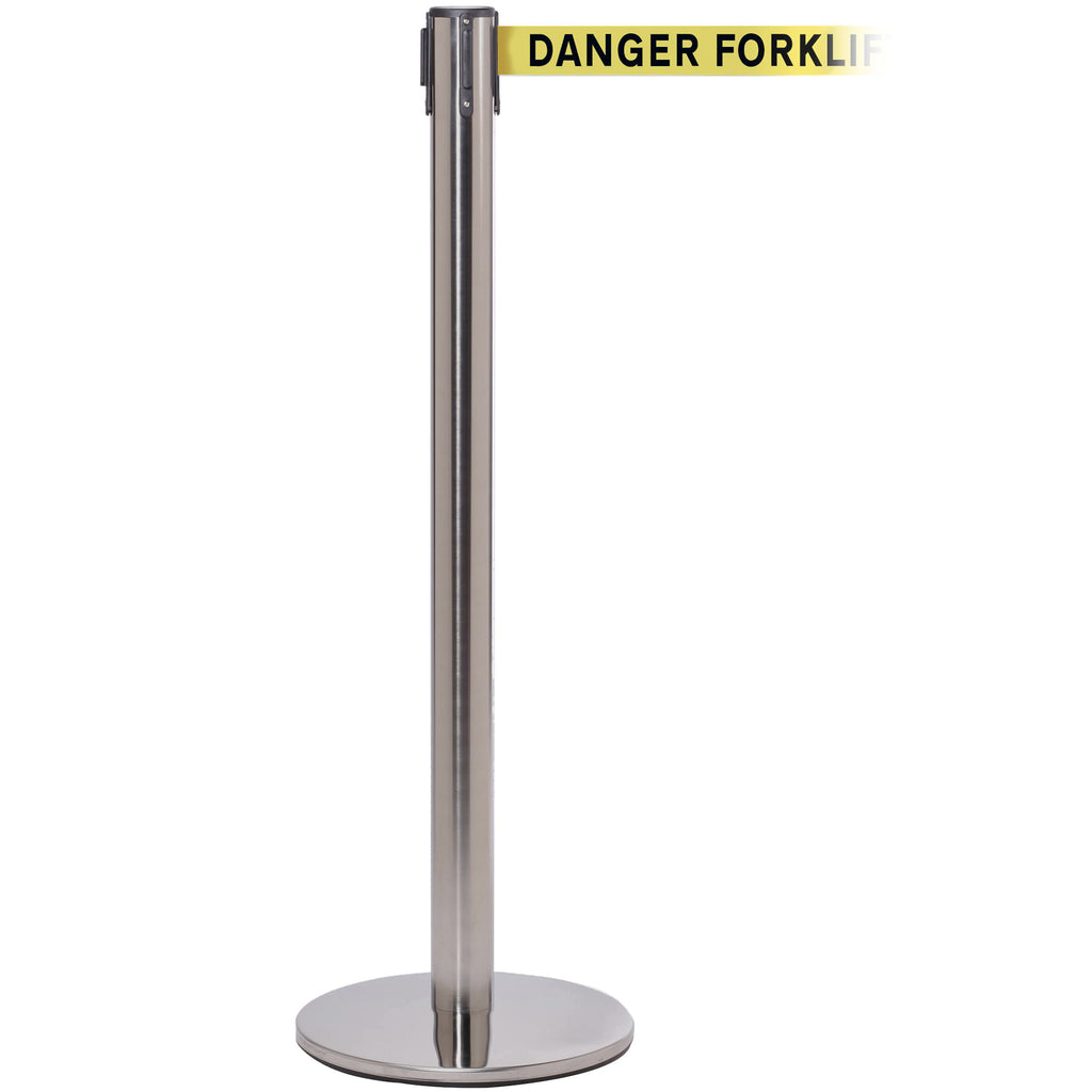 QueuePro 251 3.4m x 50mm Belt Barrier System (Satin Stainless / Danger Fork Lift Trucks | Yel-Blk)