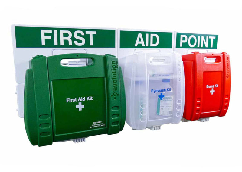 Wall-mounted first aid kits at a first aid point