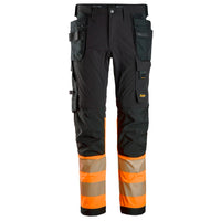Snickers 6231 Highvis Class 1 4Way Stretch Trousers Holster Pockets Black Hi Vis Orange Main