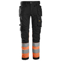 Snickers 6234 Highvis Class 1 Stretch Trousers Holster Pockets Black Hi Vis Orange Main