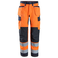 Snickers 6266 Protecwork Work Trousers Holster Pockets Highvis Class 2 Hi Vis Orange Navy Main