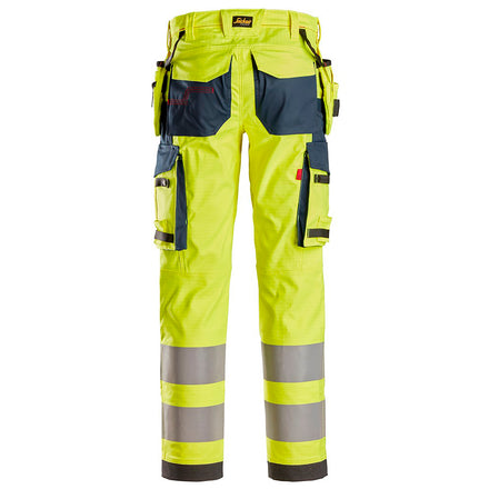 Snickers 6268 Protecwork Stretch Work Trousers Holster Pockets Highvis Class 2 Hi Vis Yellow Navy Back