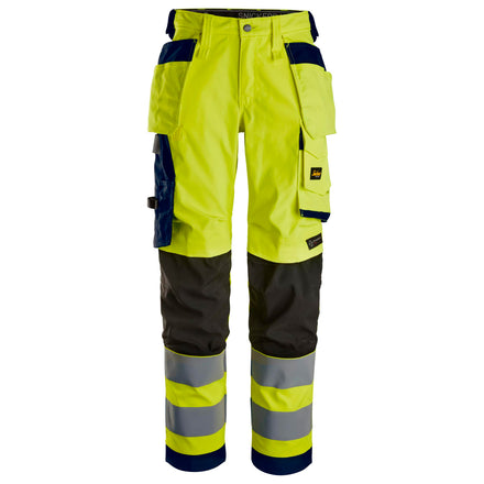 Snickers 6743 Highvis Class 2 Womens Stretch Trousers Holster Pockets Hi Vis Yellow Navy Main