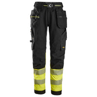 Snickers 6934 Highvis Class 1 Stretch Work Trousers Holster Pockets Black Hi Vis Yellow Main