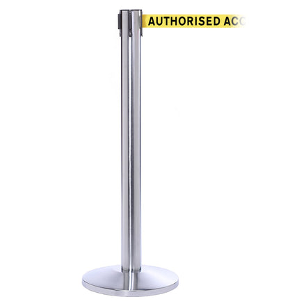 QueuePro 300 4.9m x 50mm Belt Barrier System (Polished Stainless / Authorised Access Only | Yel-Blk)