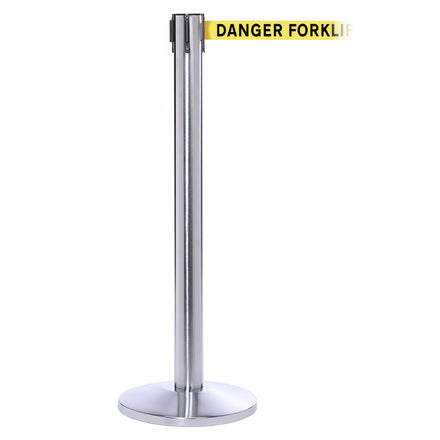 QueuePro 300 4.9m x 50mm Belt Barrier System (Polished Stainless / Danger Fork Lift Trucks | Yel-Blk)