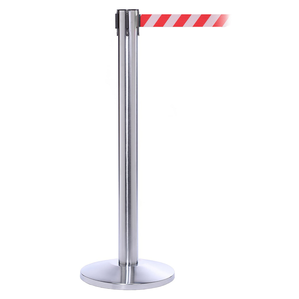QueuePro 300 4.9m x 50mm Belt Barrier System (Polished Stainless / Red / White  Chevron)