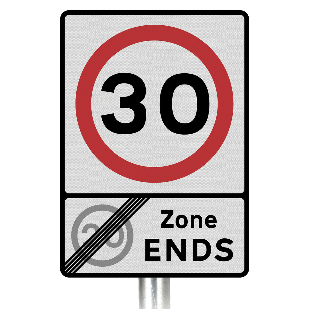 30mph '20mph Zone ENDS' Inc Symbol Sign Post-Mounted - Diagram 675A R2/RA2 (Face Only)