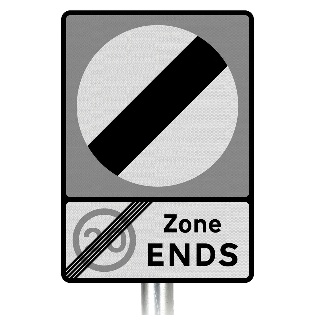 National Speed Limit '20mph Zone ENDS' Inc Symbol Sign Post-Mounted - Diagram 675B R2/RA2 (Face Only)