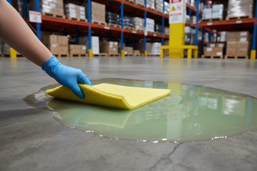 a thin yellow absorbent pad being laid into a clear green tinted liquid on a warehouse floor
