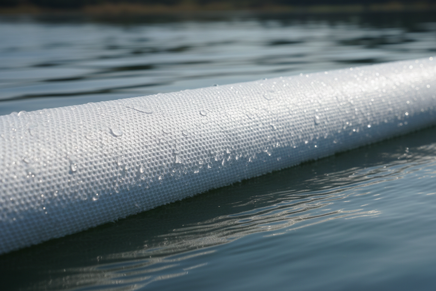 a white spill absorbent boom floating on water close up