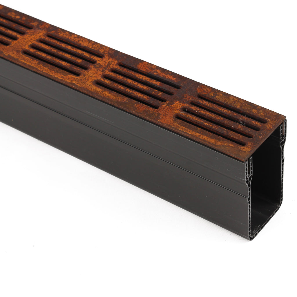 Alusthetic PVC Threshold Drain With Corten Steel Grating 1 Metre Length