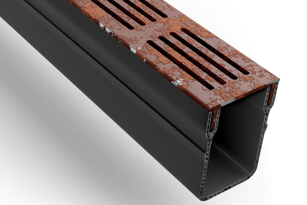 Alusthetic PVC Threshold Drain With Corten Steel Grating 1 Metre Length