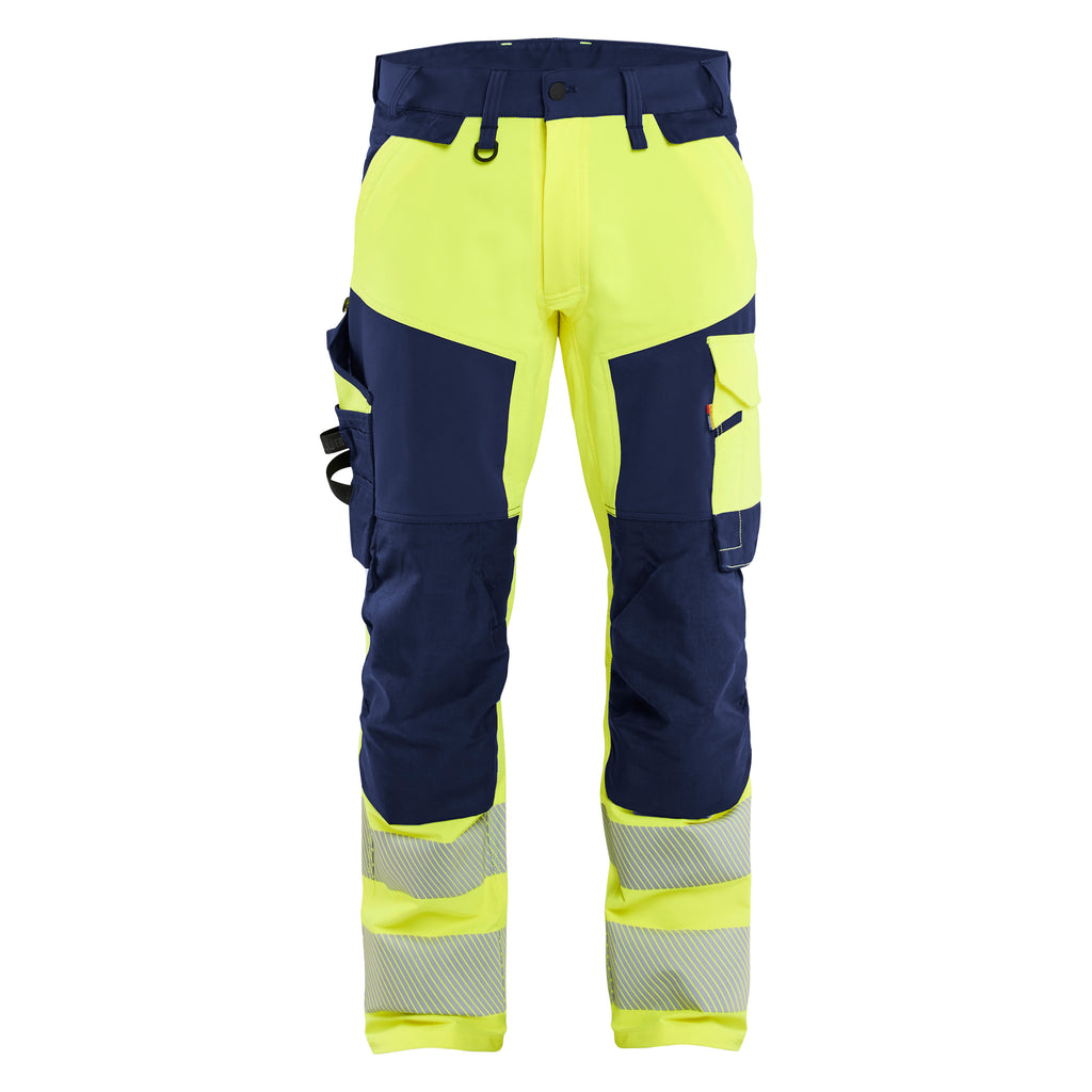 Blaklader 1124 Hi Vis Trousers 4 Way Stretch Hi Vis Yellow Navy Blue Front
