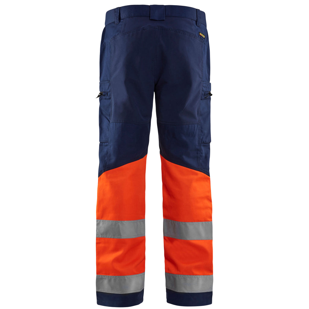 Blaklader 1551 Hi Vis Trousers With Stretch Navy Blue Hi Vis Orange Back