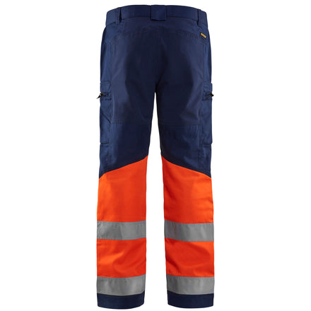 Blaklader 1551 Hi Vis Trousers With Stretch Navy Blue Hi Vis Orange Back