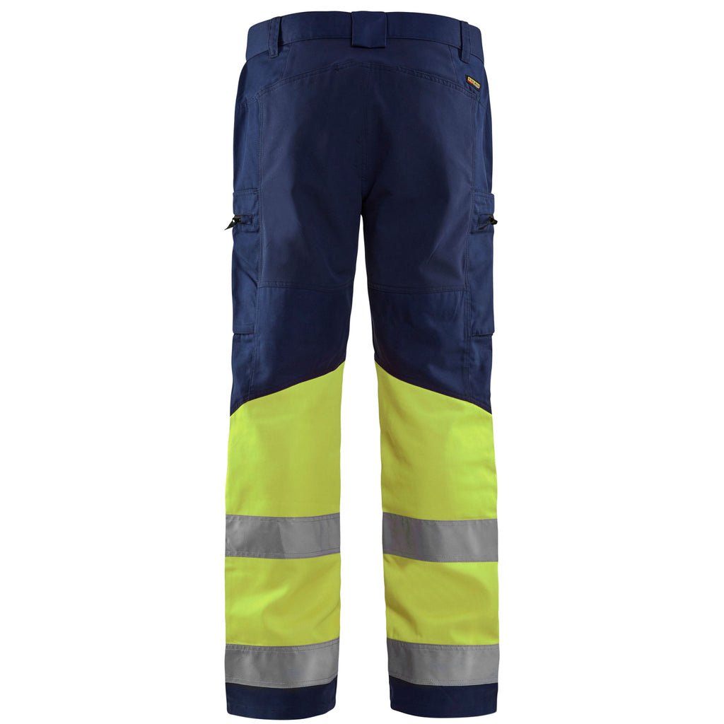 Blaklader 1551 Hi Vis Trousers With Stretch Navy Blue Hi Vis Yellow Back