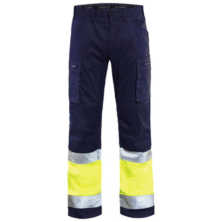 Blaklader 1551 Hi Vis Trousers With Stretch Navy Blue Hi Vis Yellow Front