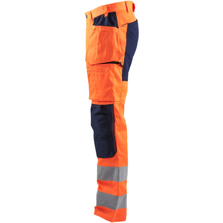 Blaklader 1552 Hi Vis Trousers With Stretch Hi Vis Orange Navy Blue Left