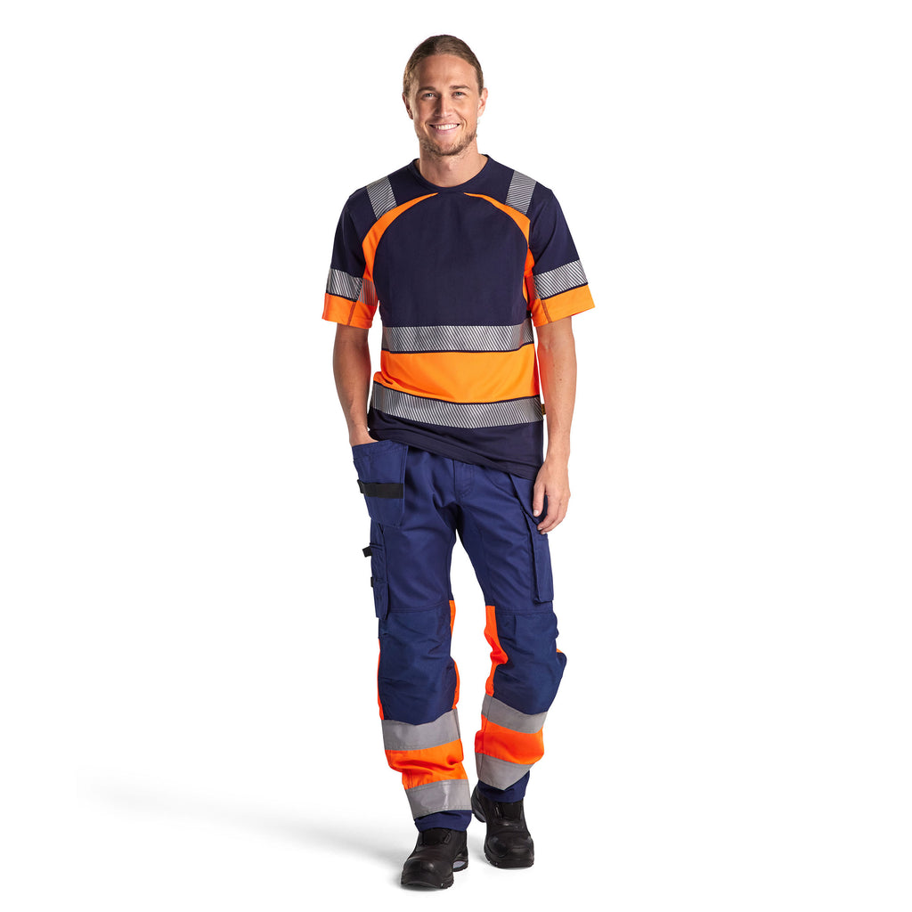 Blaklader 1558 Hi Vis Trousers With Stretch Navy Blue Hi Vis Orange Model