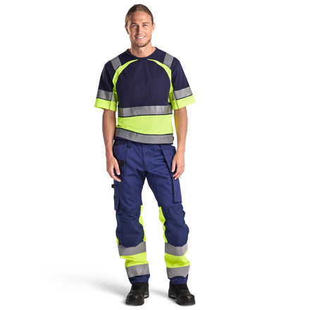 Blaklader 1558 Hi Vis Trousers With Stretch Navy Blue Hi Vis Yellow Model