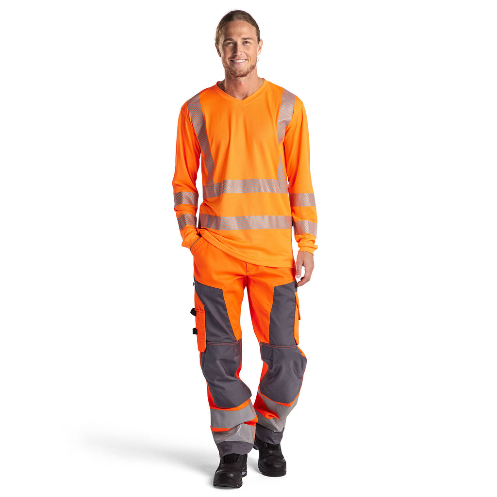 Blaklader 1566 Hi Vis Trousers Without Nail Pockets Hi Vis Orange Grey Model