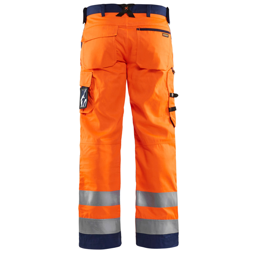 Blaklader 1566 Hi Vis Trousers Without Nail Pockets Hi Vis Orange Navy Blue Back