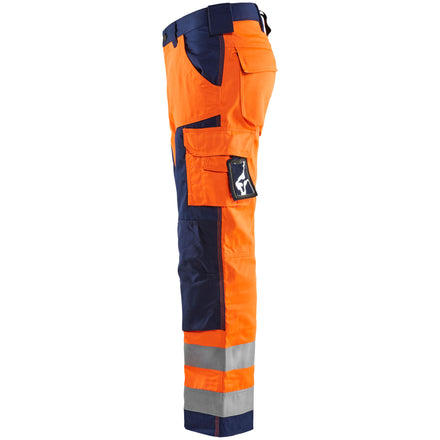 Blaklader 1566 Hi Vis Trousers Without Nail Pockets Hi Vis Orange Navy Blue Left