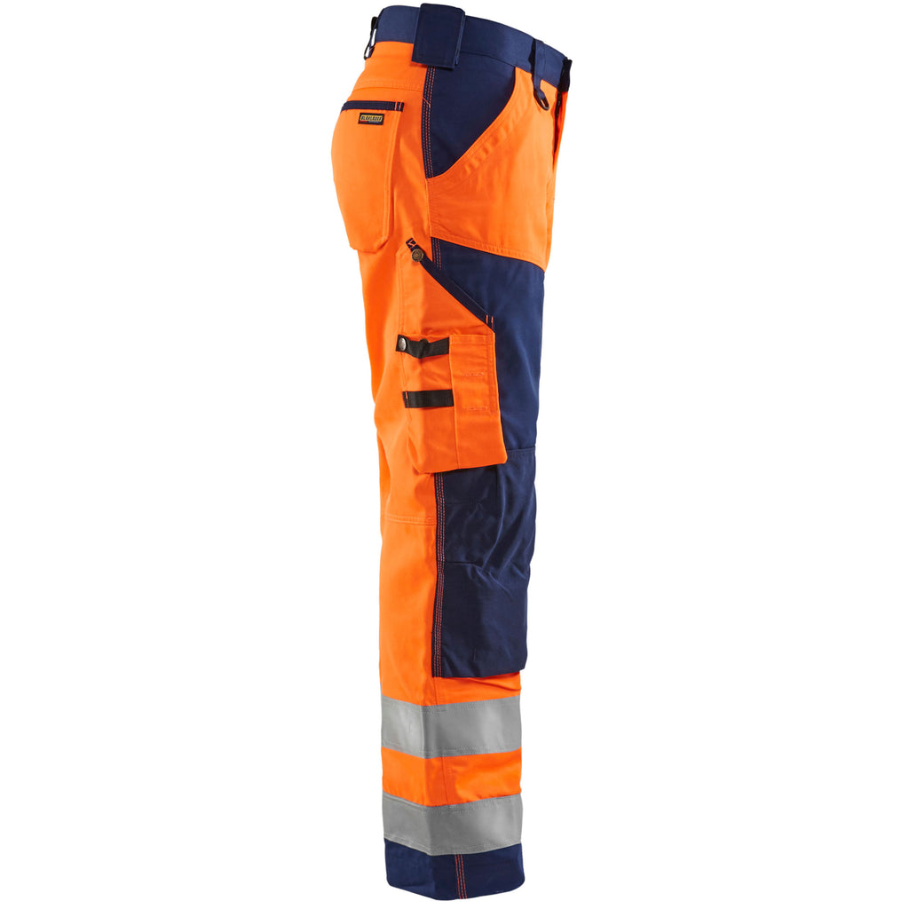 Blaklader 1566 Hi Vis Trousers Without Nail Pockets Hi Vis Orange Navy Blue Right