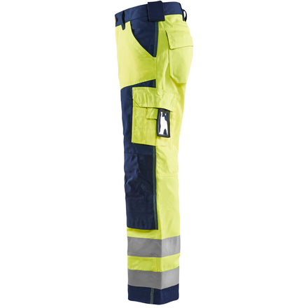 Blaklader 1566 Hi Vis Trousers Without Nail Pockets Hi Vis Yellow Navy Blue Left