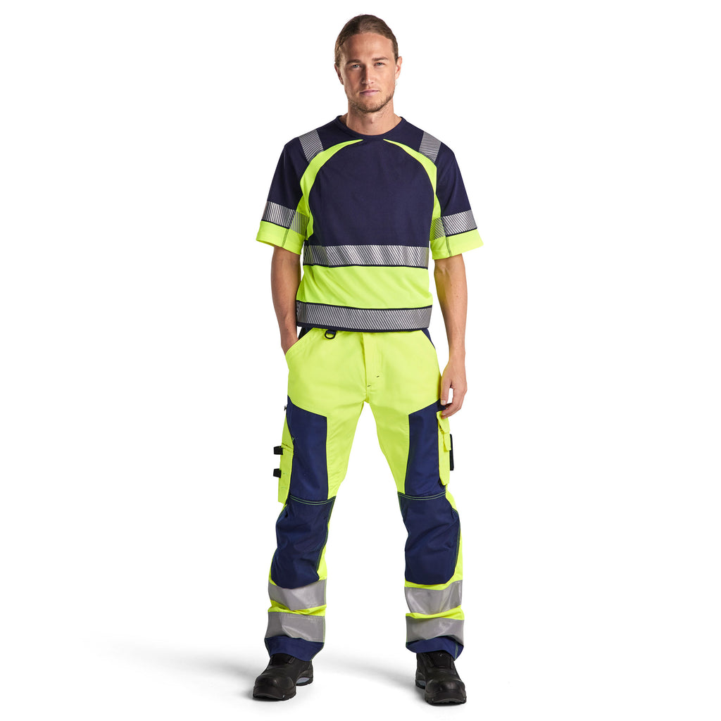 Blaklader 1566 Hi Vis Trousers Without Nail Pockets Hi Vis Yellow Navy Blue Model