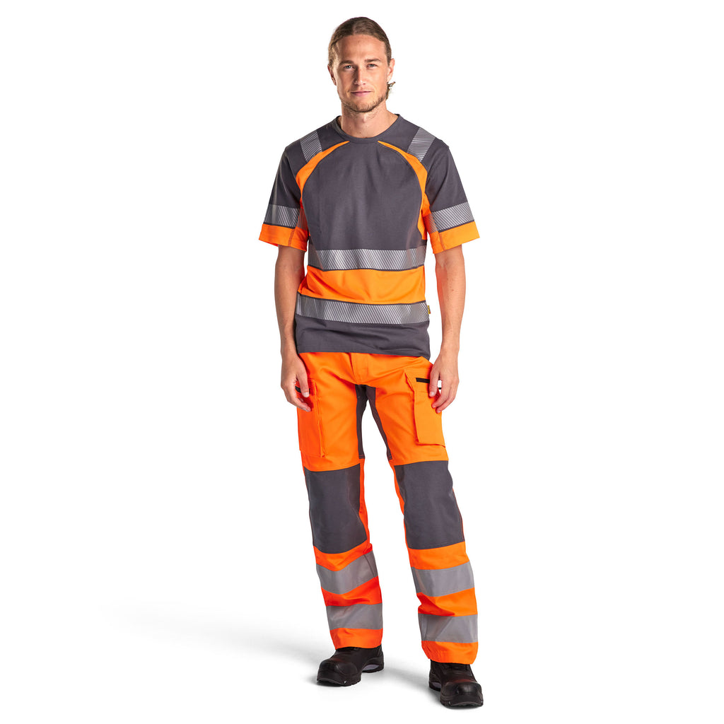 Blaklader 1585 Hi Vis Trousers With Stretch Hi Vis Orange Grey Model