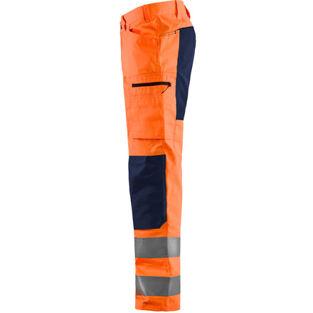 Blaklader 1585 Hi Vis Trousers With Stretch Hi Vis Orange Navy Blue Left