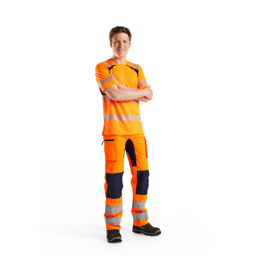 Blaklader 1585 Hi Vis Trousers With Stretch Hi Vis Orange Navy Blue Model