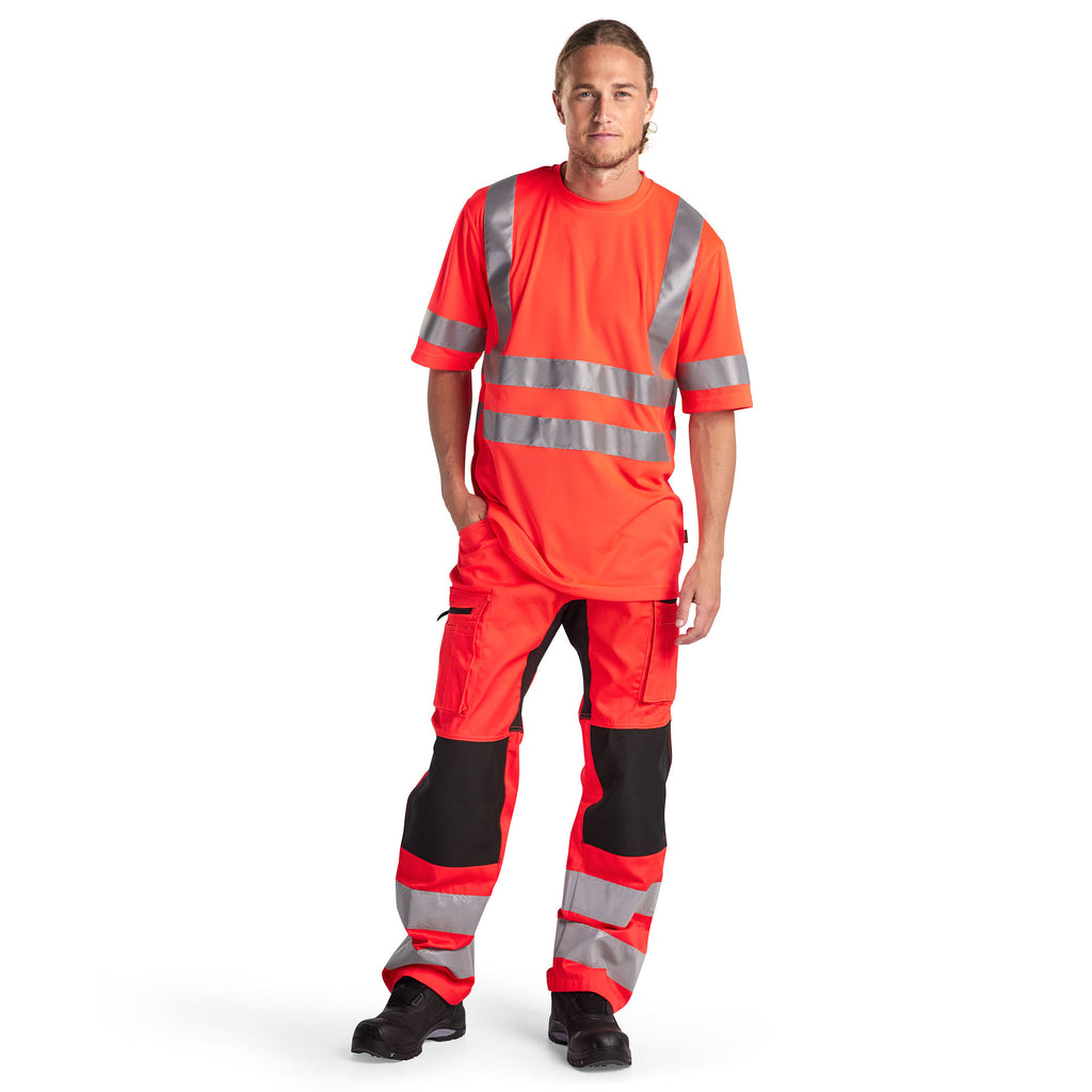 Blaklader 1585 Hi Vis Trousers With Stretch Hi Vis Red Black Model