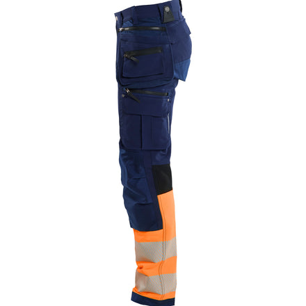 Blaklader 1993 Hi Vis Trousers 4 Way Stretch Navy Blue Hi Vis Orange Left